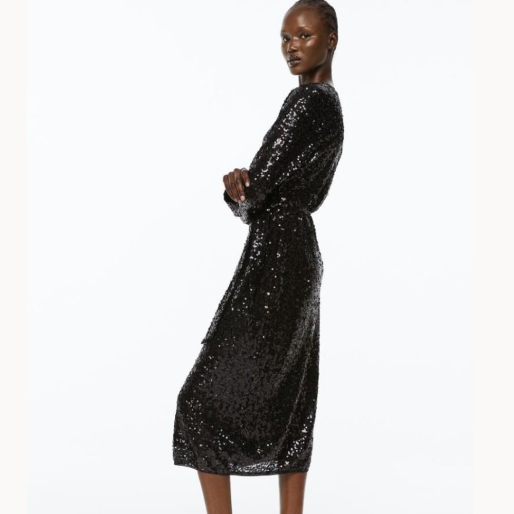 H&M Sequined Wrap Dress "Stunning" V-Neck Midi Long Sleeve - Picture 5 of 7